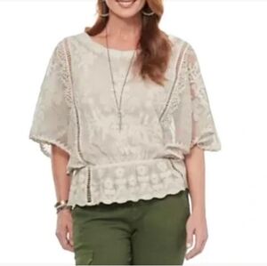 Democracy Women’s Tea Stained Lace Boho Peasant Top With Peplum Size Small